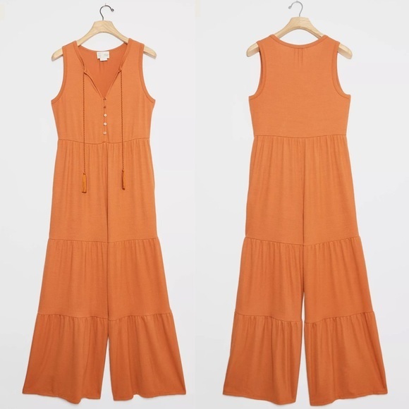 NWT Anthropologie Marina Tiered Wide-Leg Jumpsuit Orange Rust Small - Picture 2 of 13